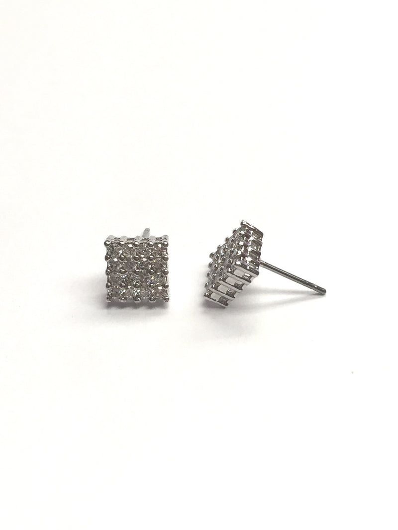Silver cubic zirconia square stud. Sterling silver pave stud.